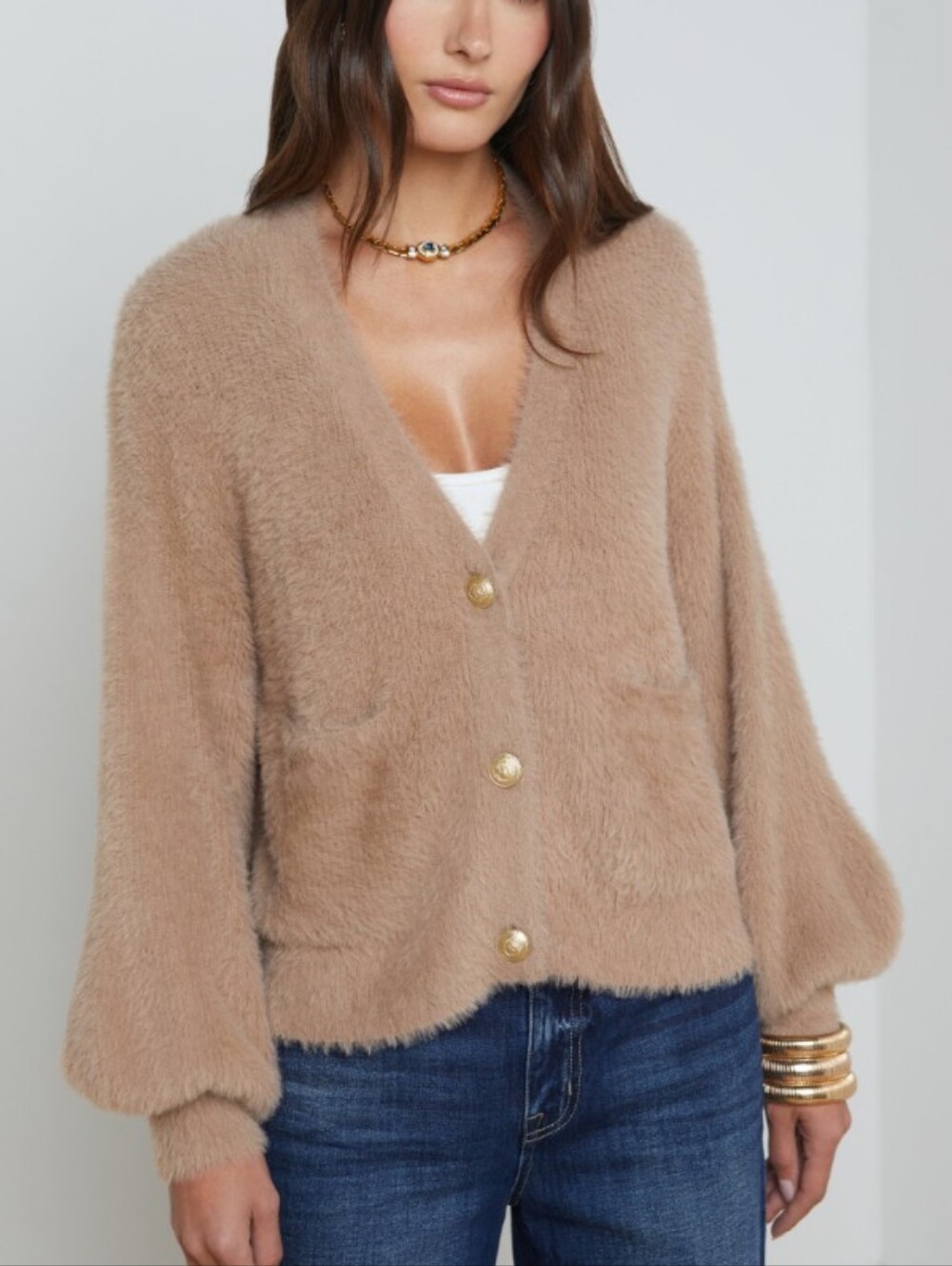 L'agence Harriet Cardigan Plush Blouson Sleeve Macaroon